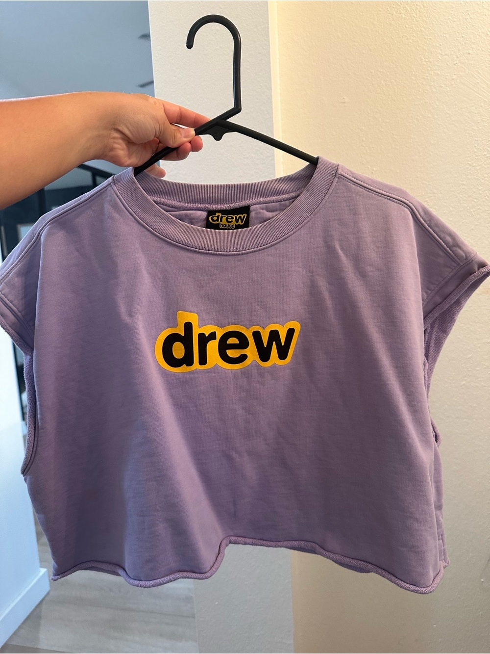 DREW Lavender Cropped Tee with Yellow & Black Logo